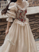Vestido midi vintage francés para mujer, con estampado floral de patchwork, mangas abullonadas y volantes, corte en A, para otoño y primavera, para fiesta de noche y graduación